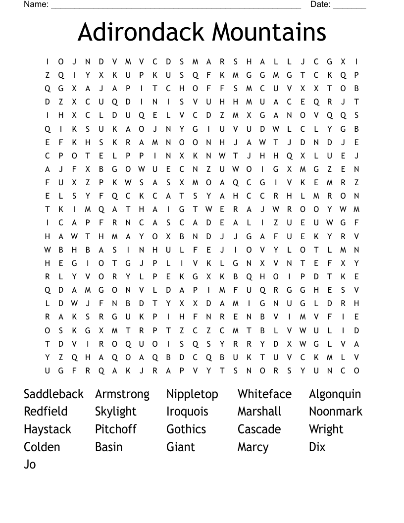 Adirondack Mountains Word Search