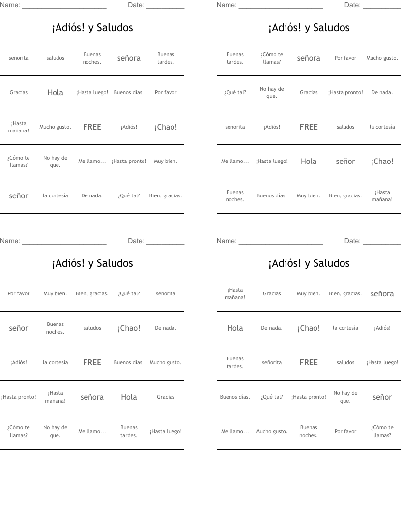 ¡Adiós! y Saludos Bingo Cards