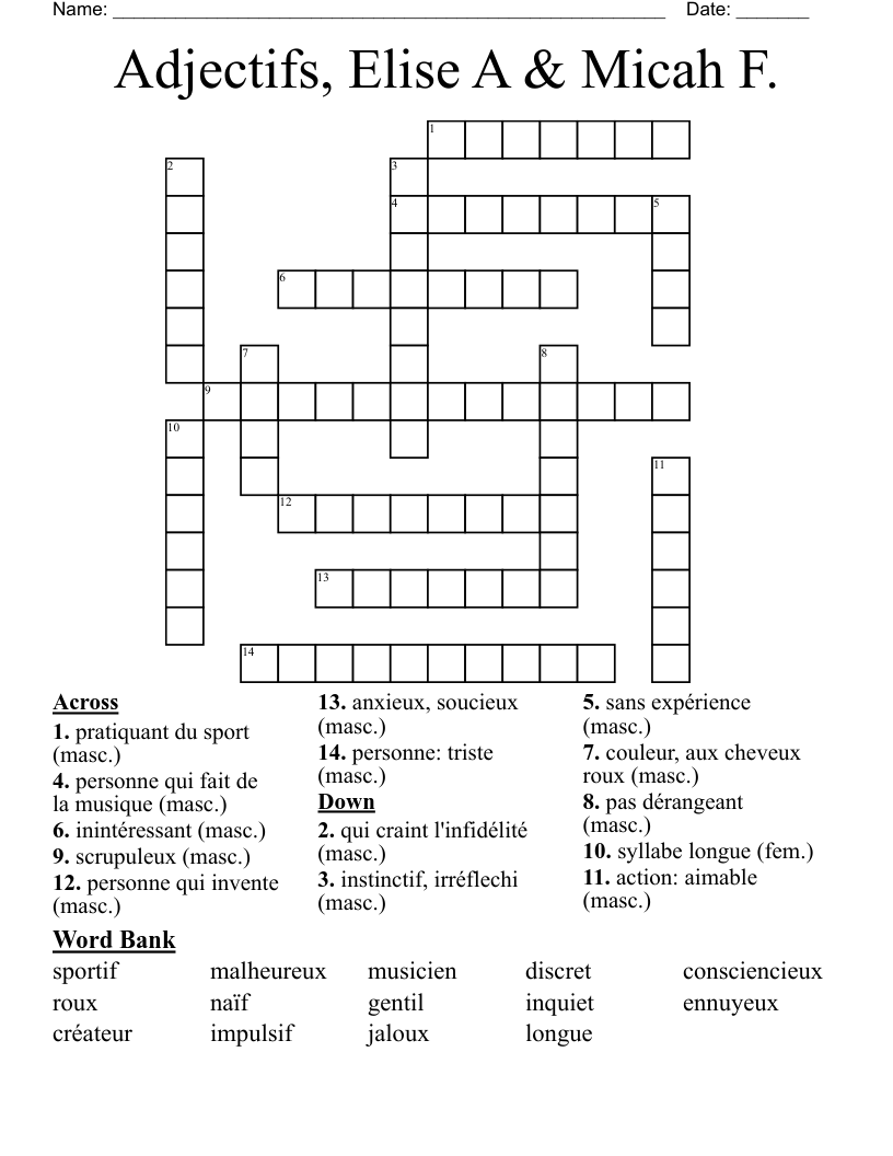 Adjectifs, Elise A & Micah F. Crossword