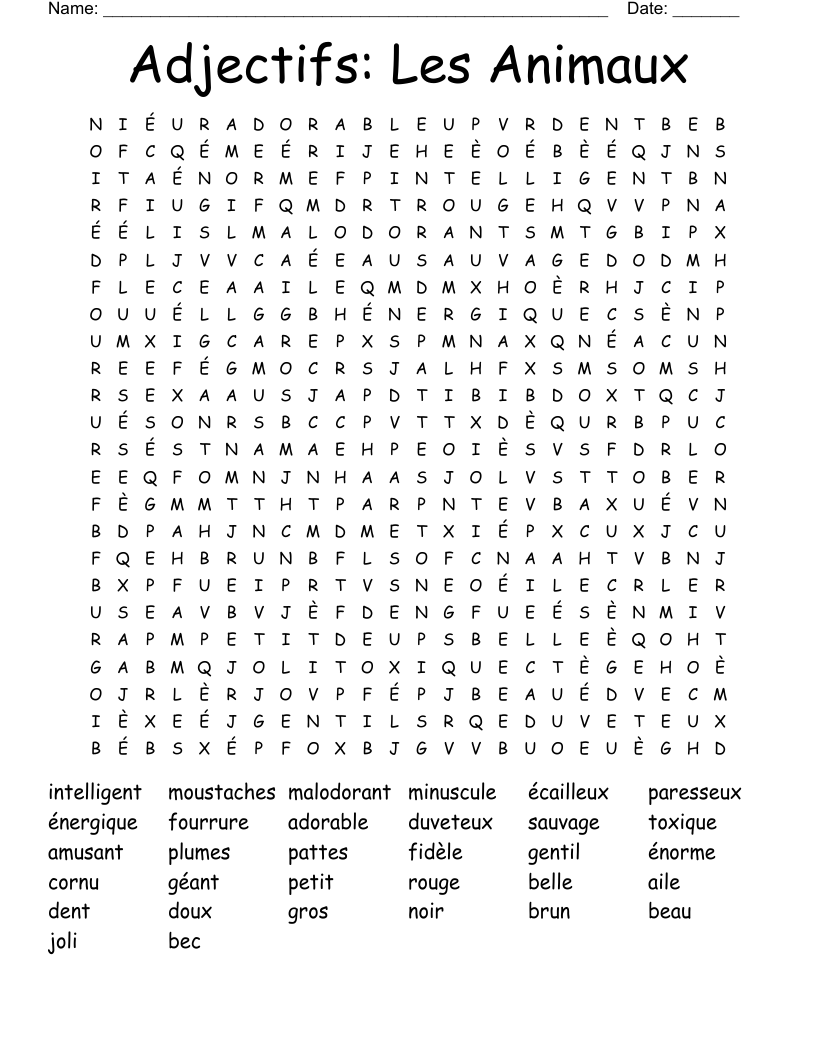 Adjectifs: Les Animaux Word Search