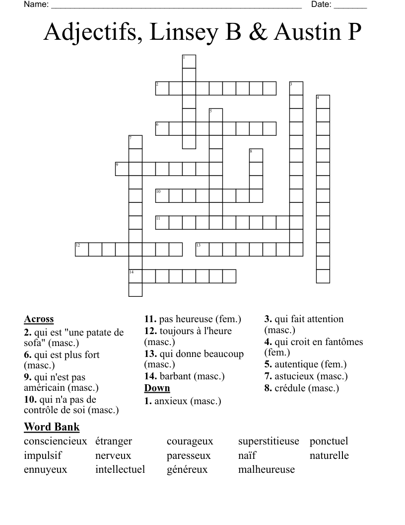 Adjectifs, Linsey B & Austin P Crossword