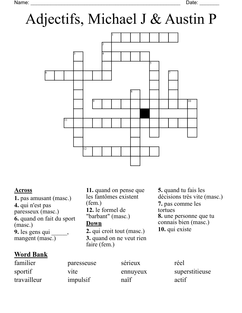 Adjectifs, Michael J & Austin P Crossword