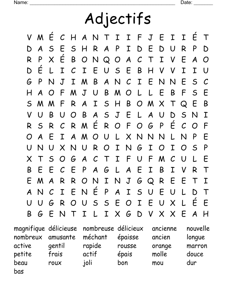 Adjectifs  Word Search