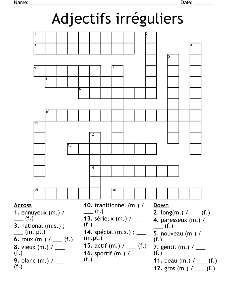 Adjectifs irréguliers Crossword