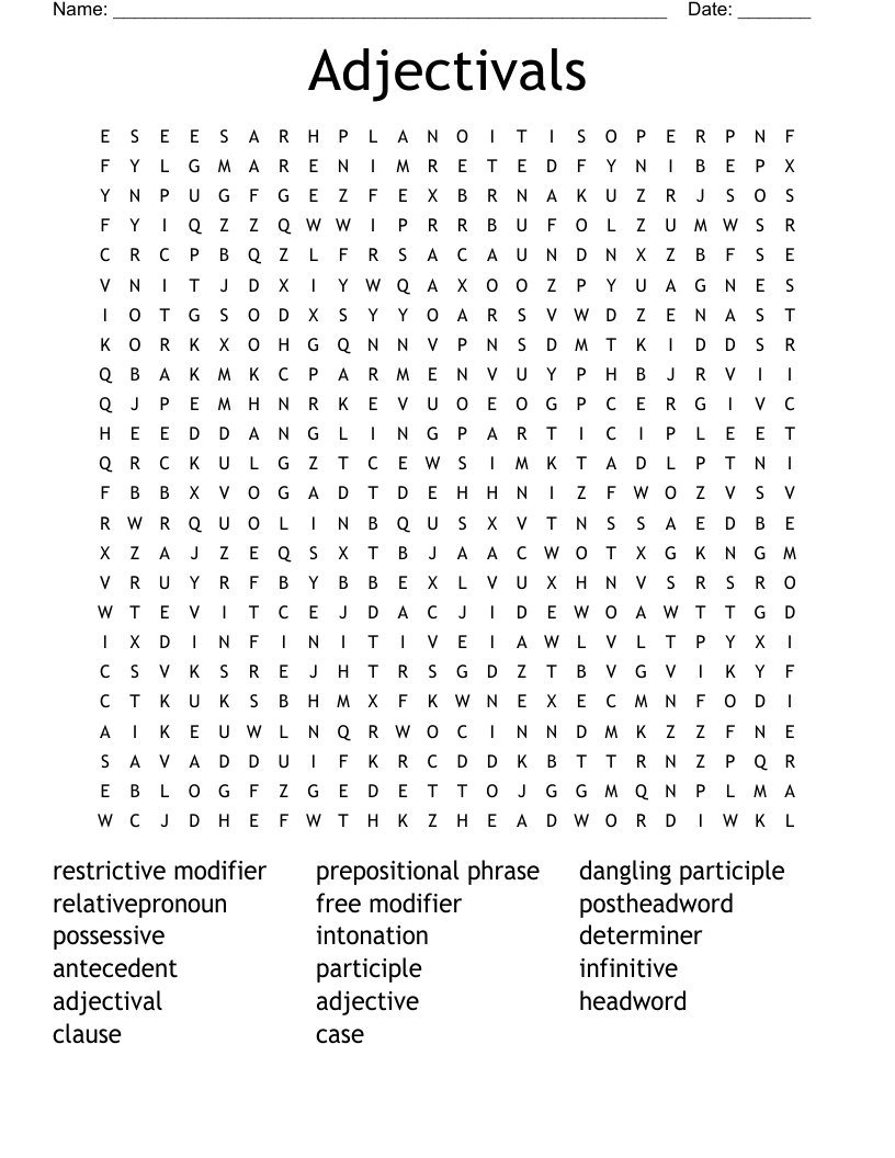 Adjectivals Word Search