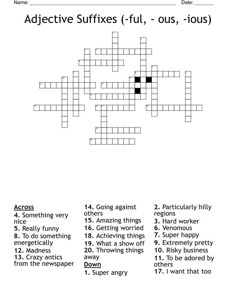 Adjective Suffixes (-ful, - ous, -ious) Crossword