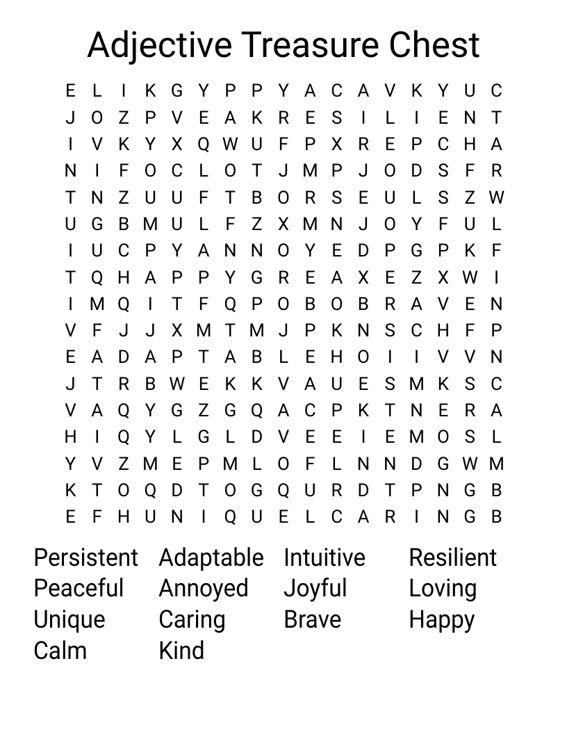 Adjective Treasure Chest Word Search
