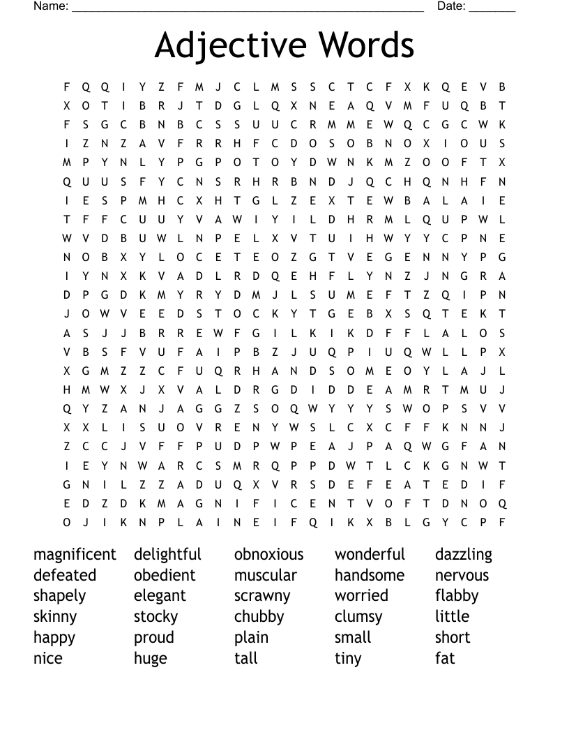 Adjective Words Word Search