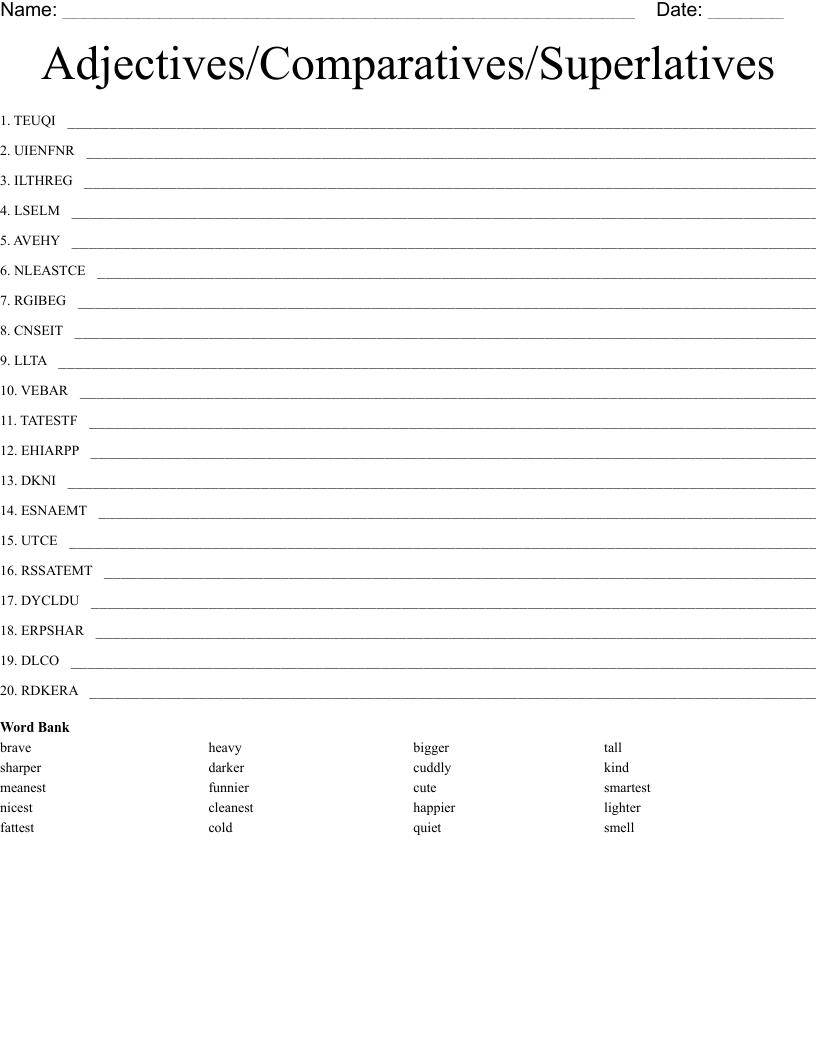 Adjectives/Comparatives/Superlatives Word Scramble