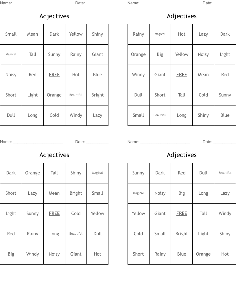 Adjectives Bingo Cards
