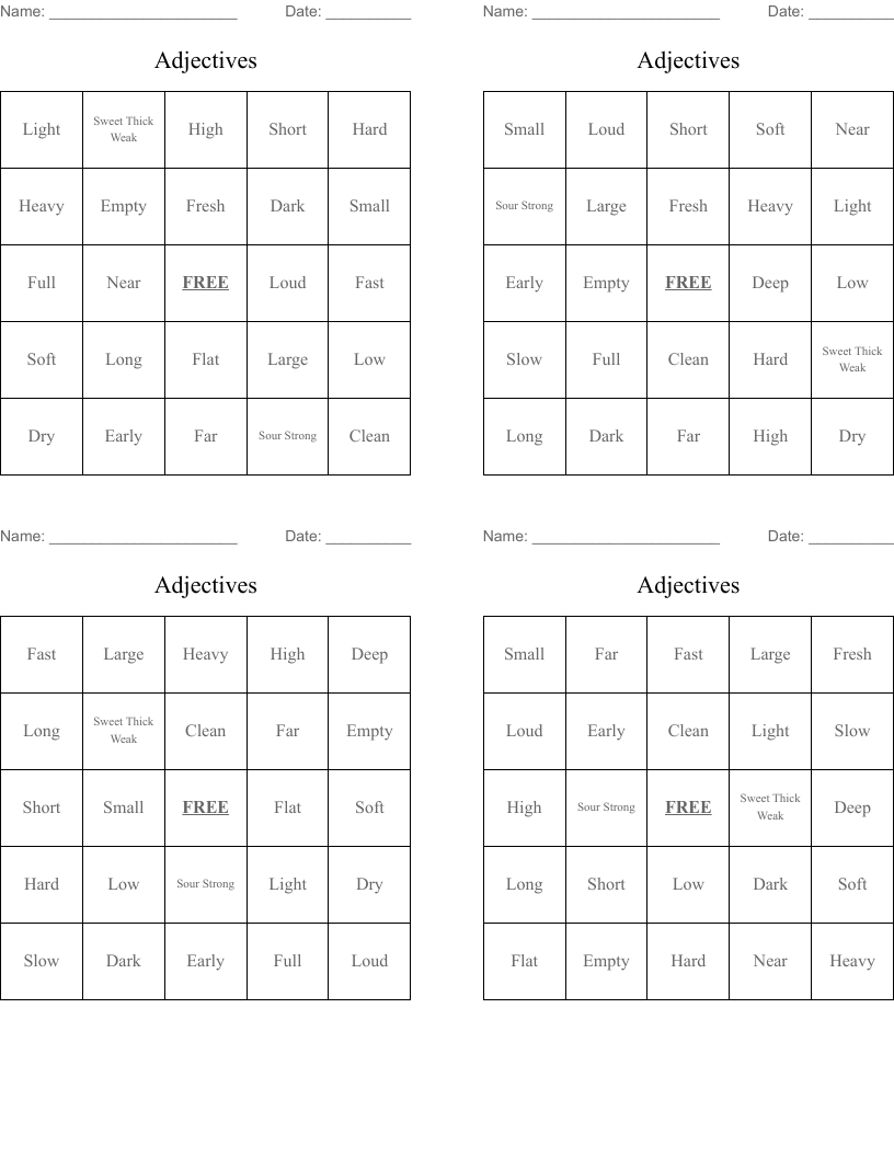 Adjectives Bingo Cards