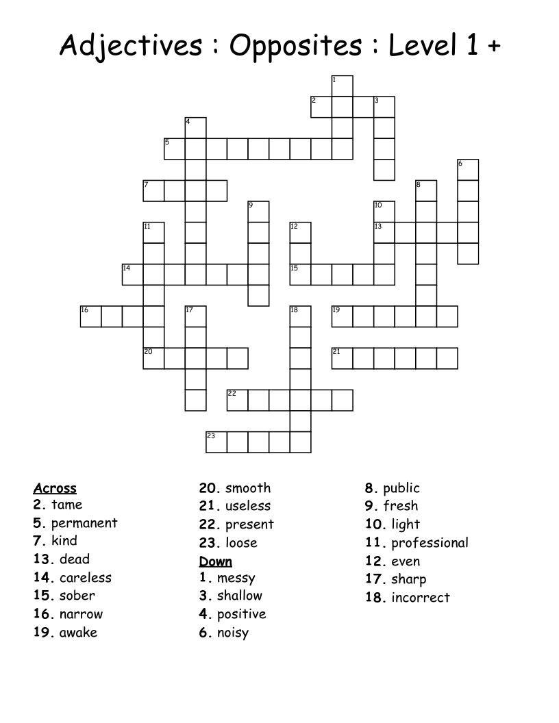 Adjectives : Opposites : Level 1 + Crossword