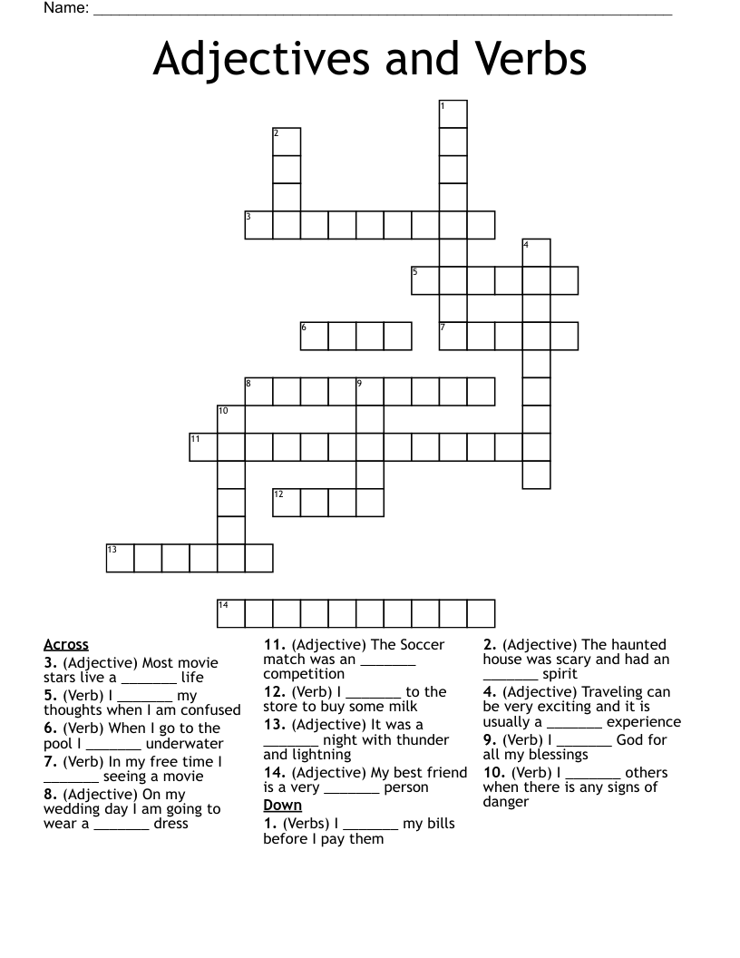 Adjectives and Verbs Crossword