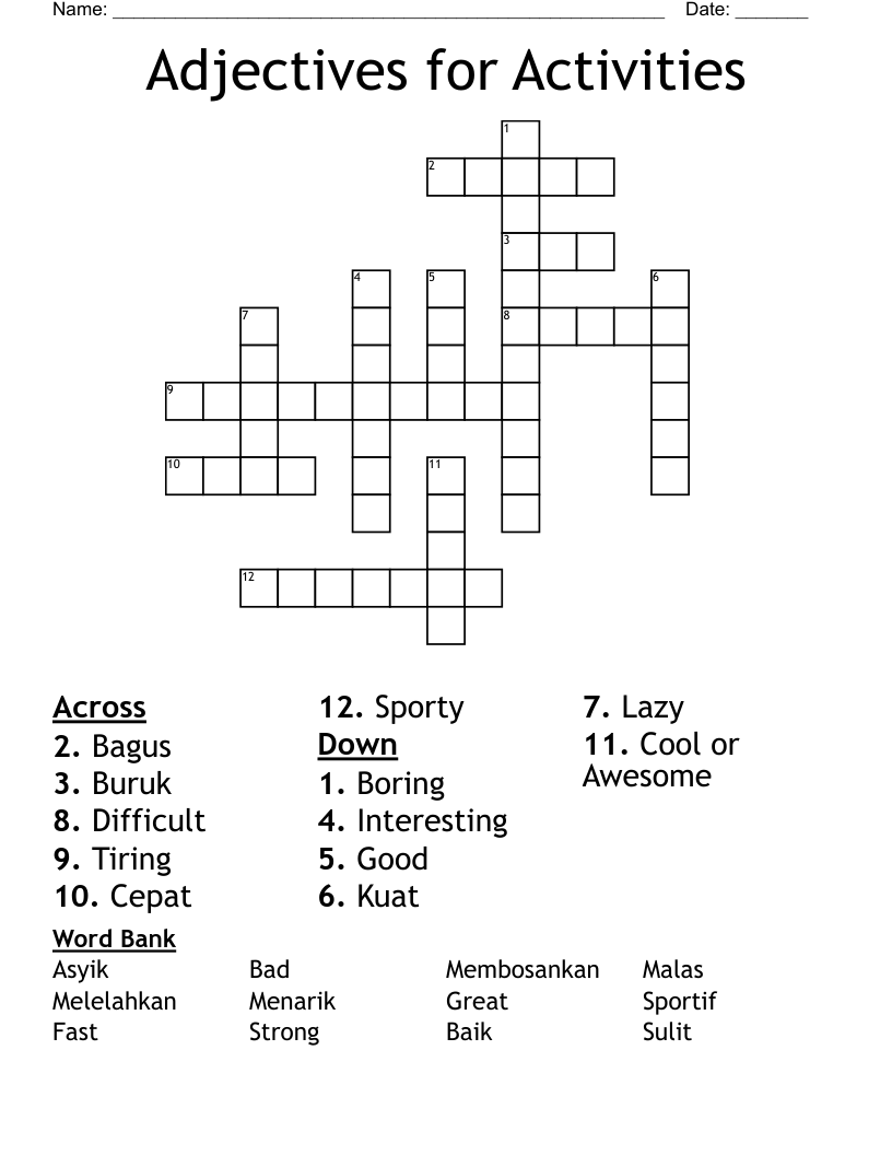 Adjectives for Activities Crossword