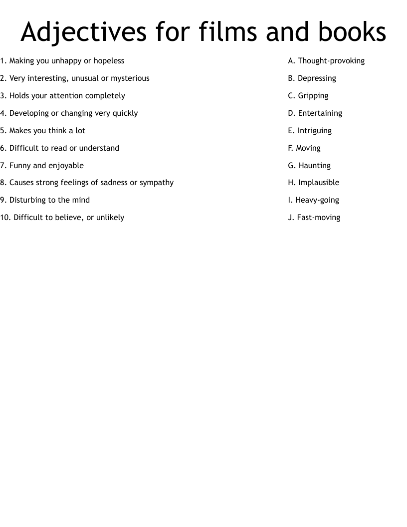 Adjectives for films and books Worksheet