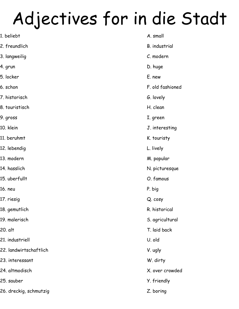 Adjectives for in die Stadt Worksheet