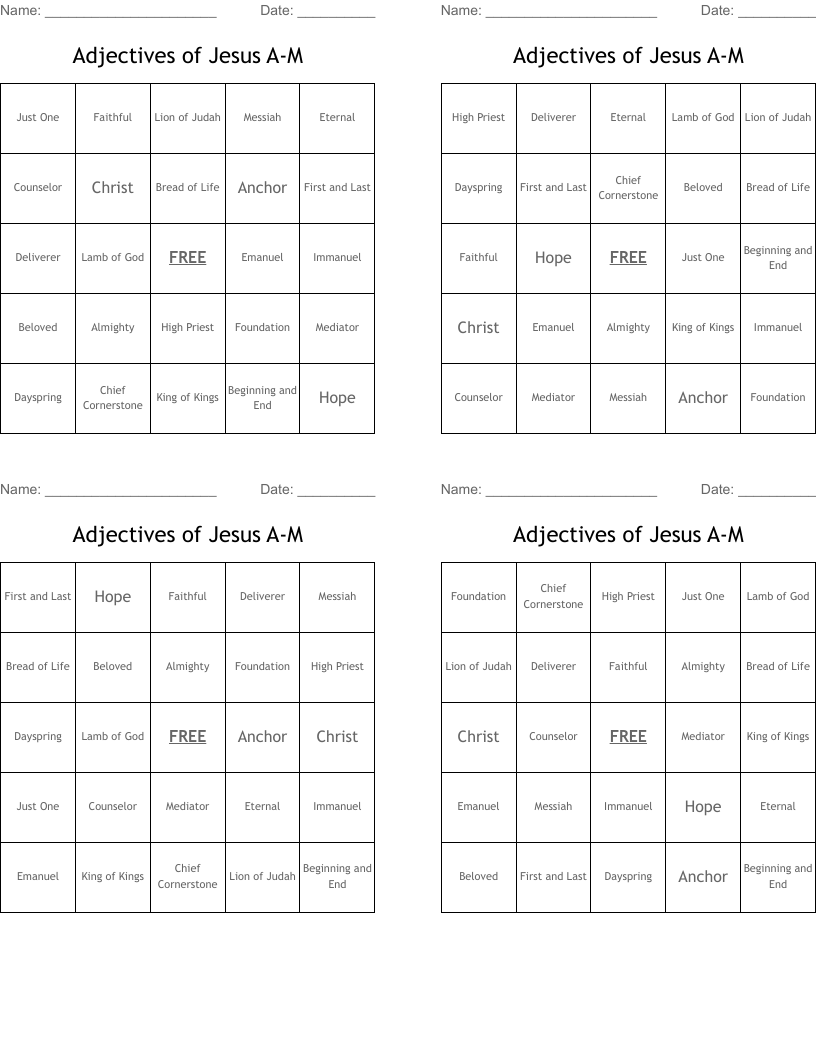 Adjectives of Jesus A-M Bingo Cards