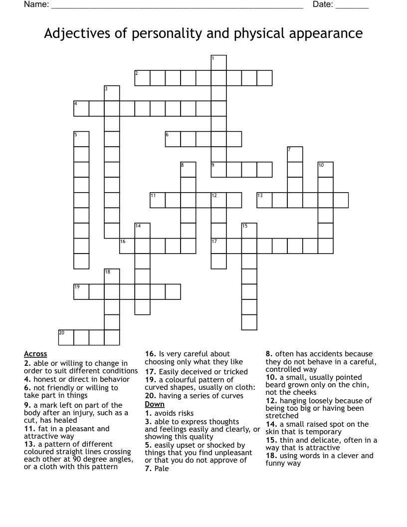 Adjectives of personality and physical appearance  Crossword