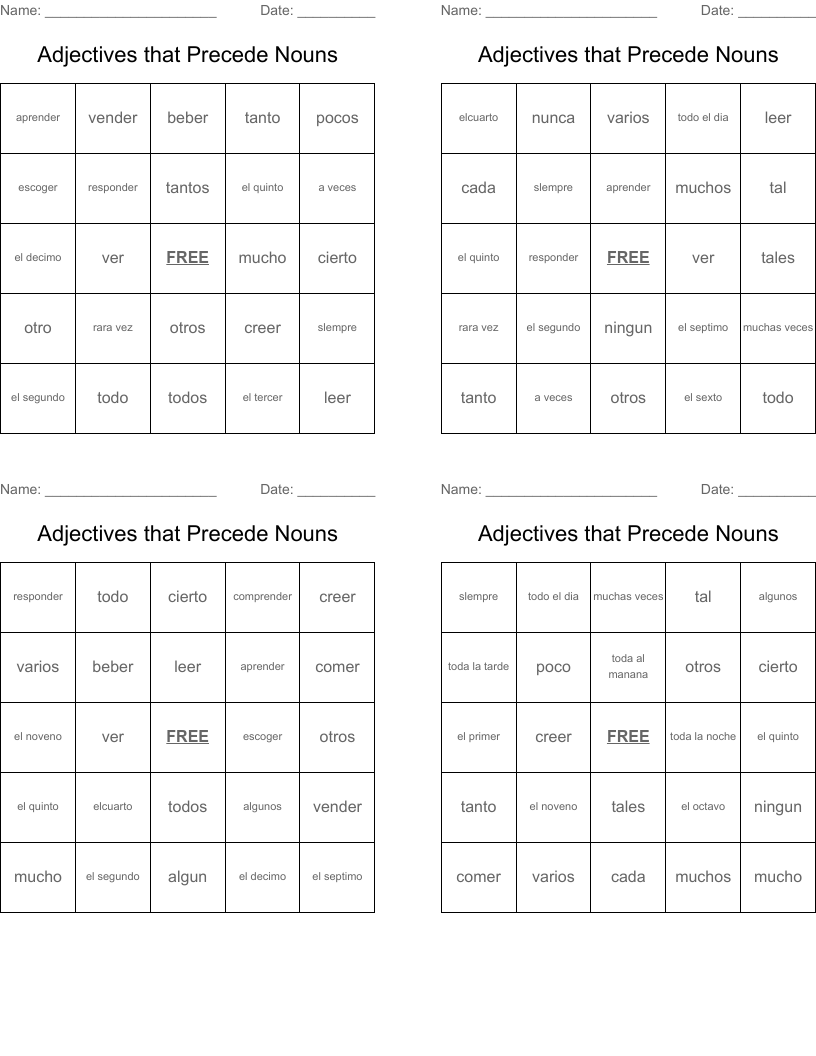 Adjectives that Precede Nouns Bingo Cards