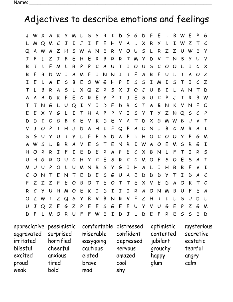 Adjectives to describe emotions and feelings Word Search