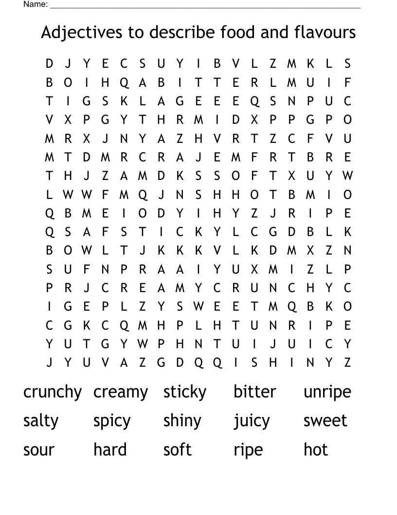 Adjectives to describe food and flavours Word Search