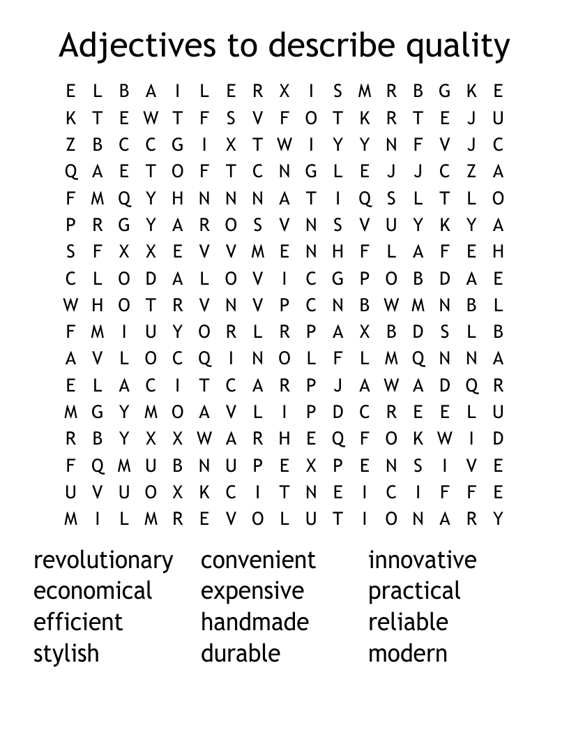 Adjectives to describe quality Word Search