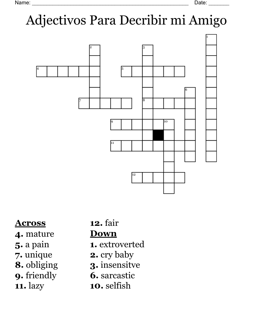 Adjectivos Para Decribir mi Amigo Crossword