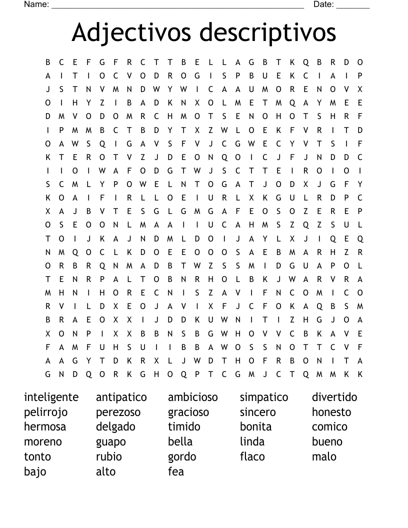 Adjectivos descriptivos Word Search
