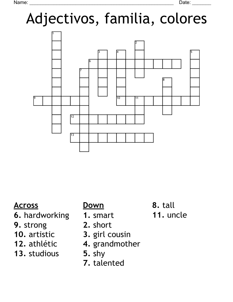 Adjectivos, familia, colores Crossword