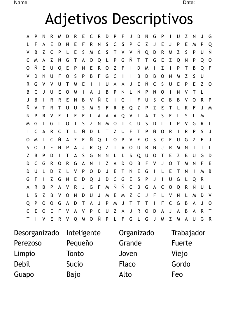 Adjetivos Descriptivos Word Search