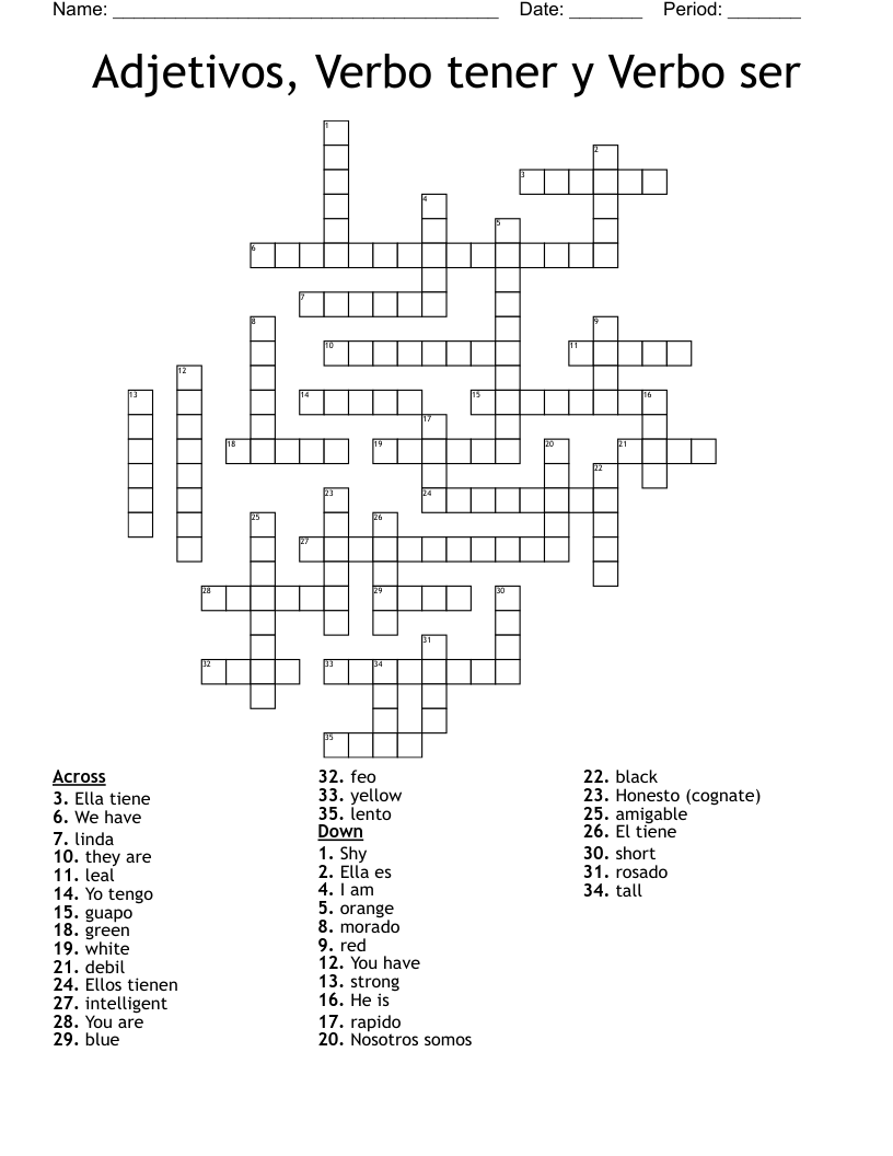 Adjetivos, Verbo tener y Verbo ser Crossword
