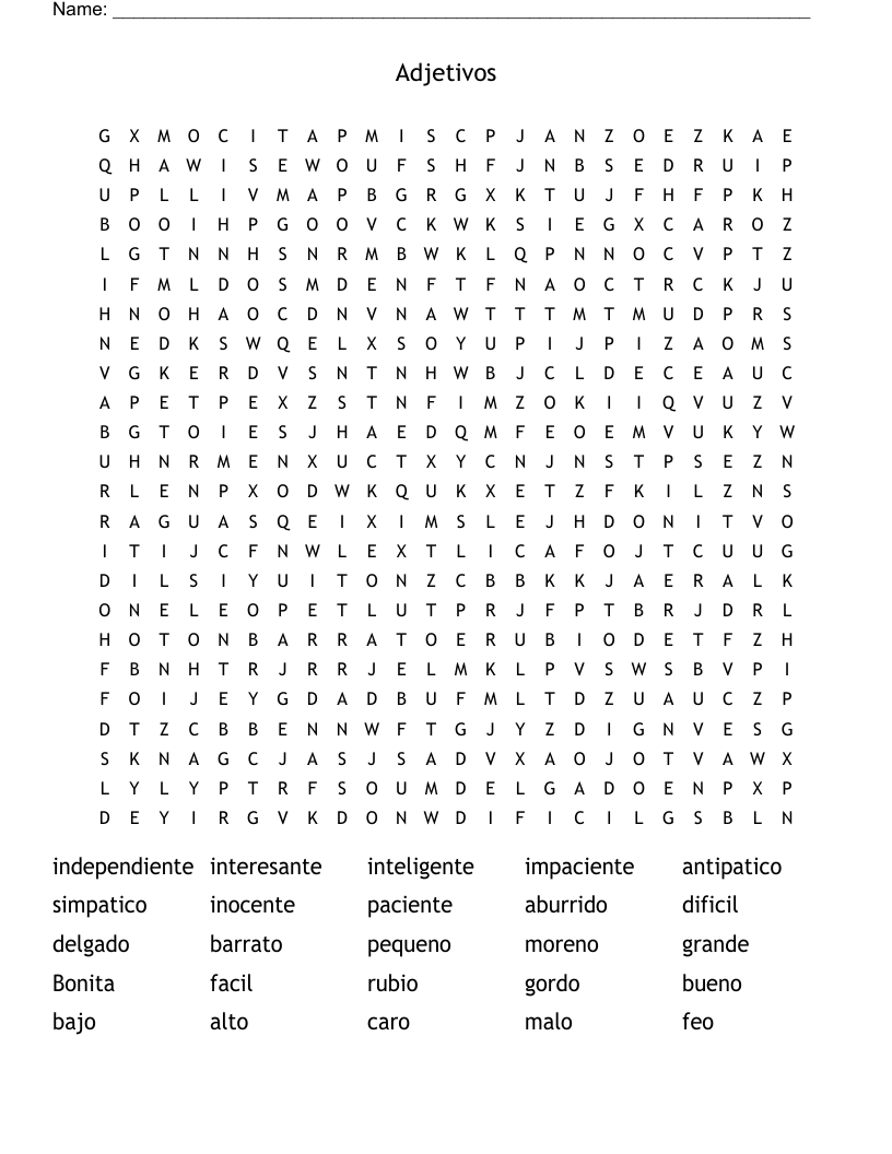 Adjetivos                                                                                    Word Search