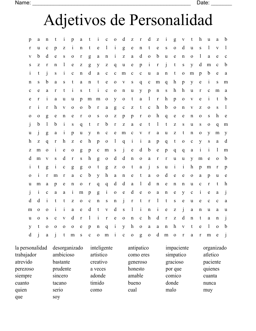 Adjetivos de Personalidad Word Search