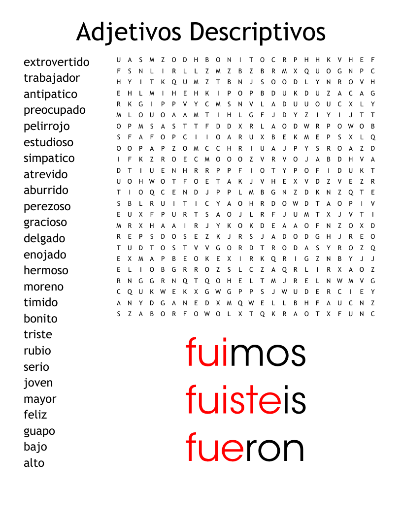 Adjetivos Descriptivos Word Search
