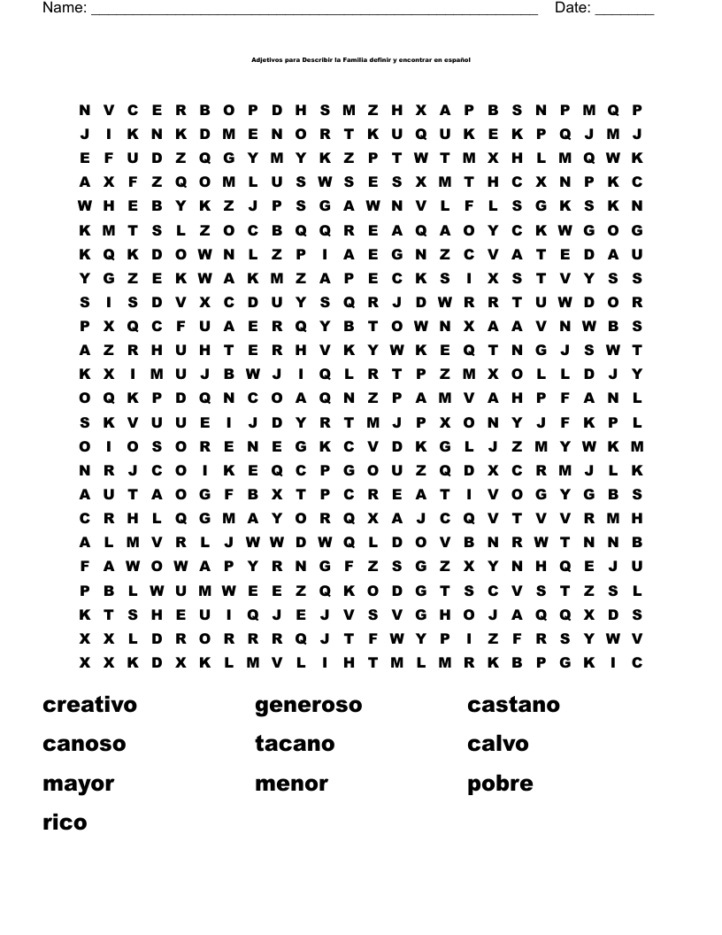 Adjetivos para Describir la Familia                                                                                                 definir  y  encontrar  en español                                                                          Word Search