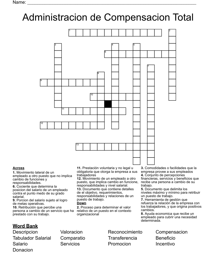 Administracion de Compensacion Total Crossword