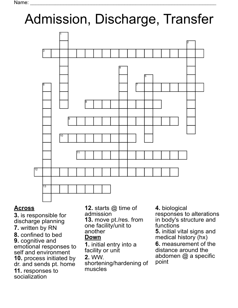 Admission, Discharge, Transfer Crossword
