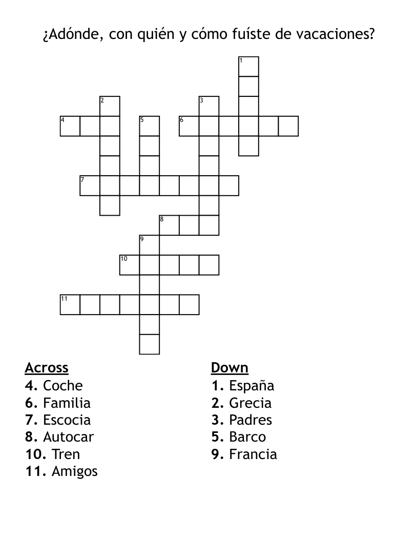 ¿Adónde, con quién y cómo fuíste de vacaciones? Crossword