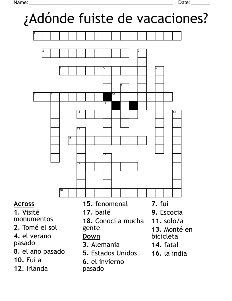 ¿Adónde fuiste de vacaciones? Crossword