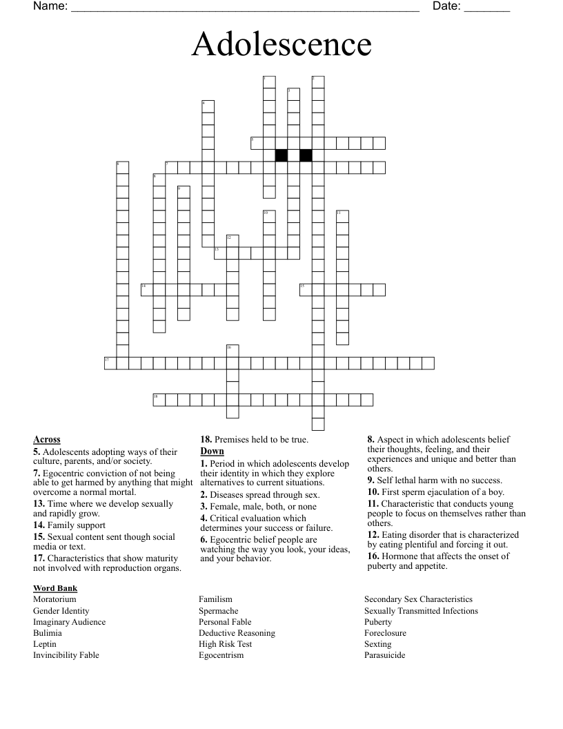 Adolescence Crossword