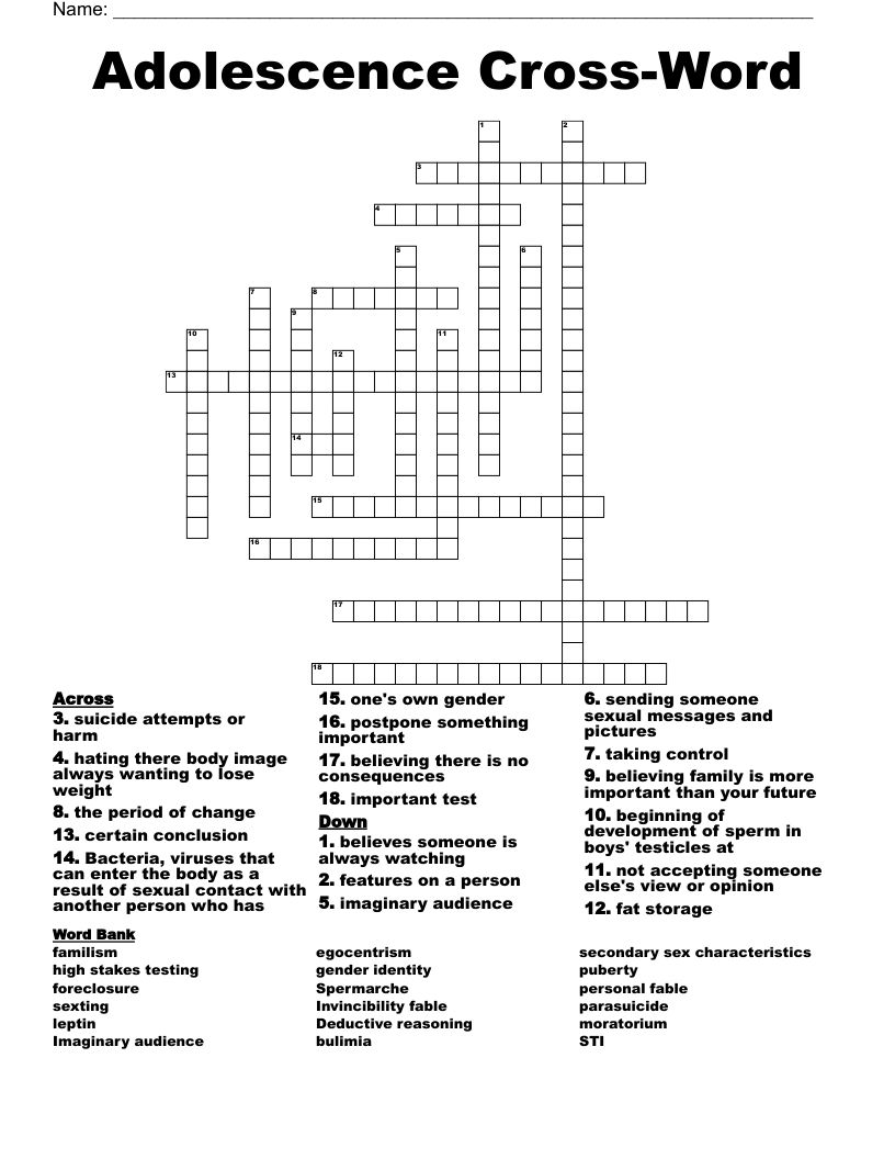 Adolescence Cross-Word Crossword
