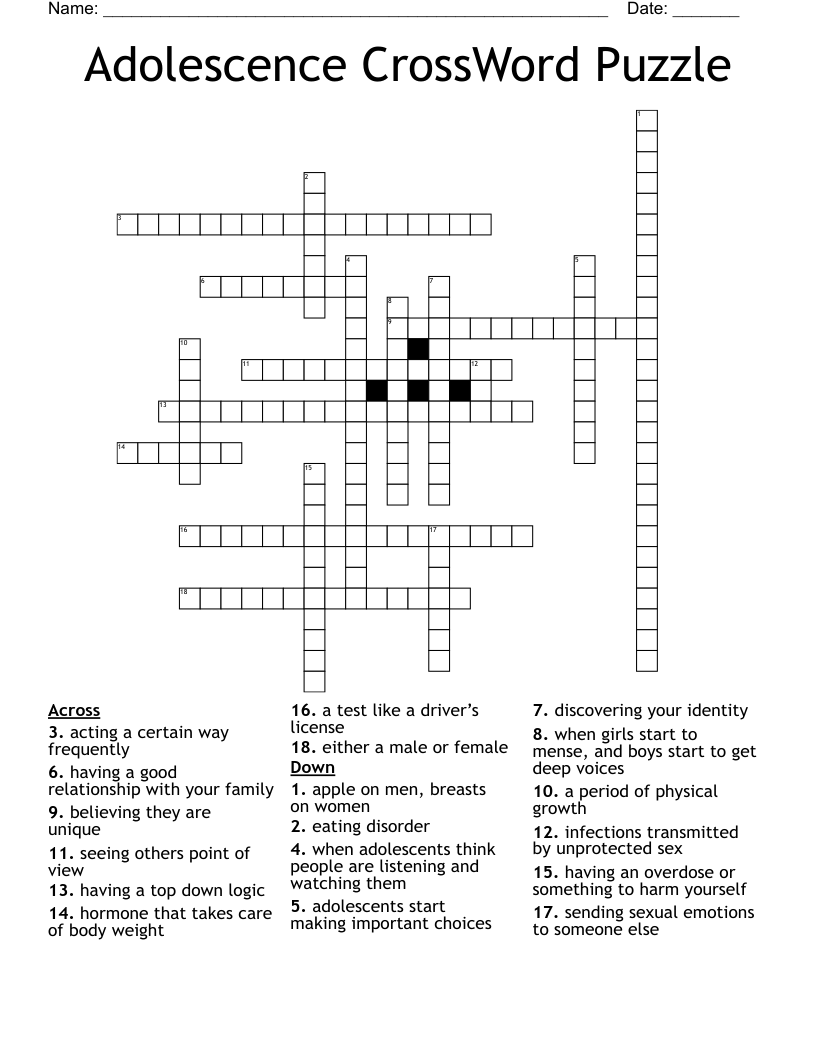 Adolescence CrossWord Puzzle