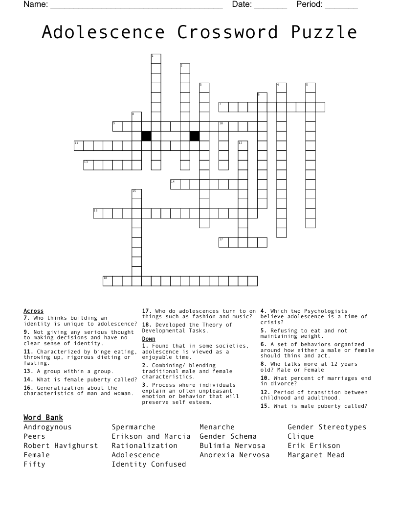 Adolescence Crossword Puzzle