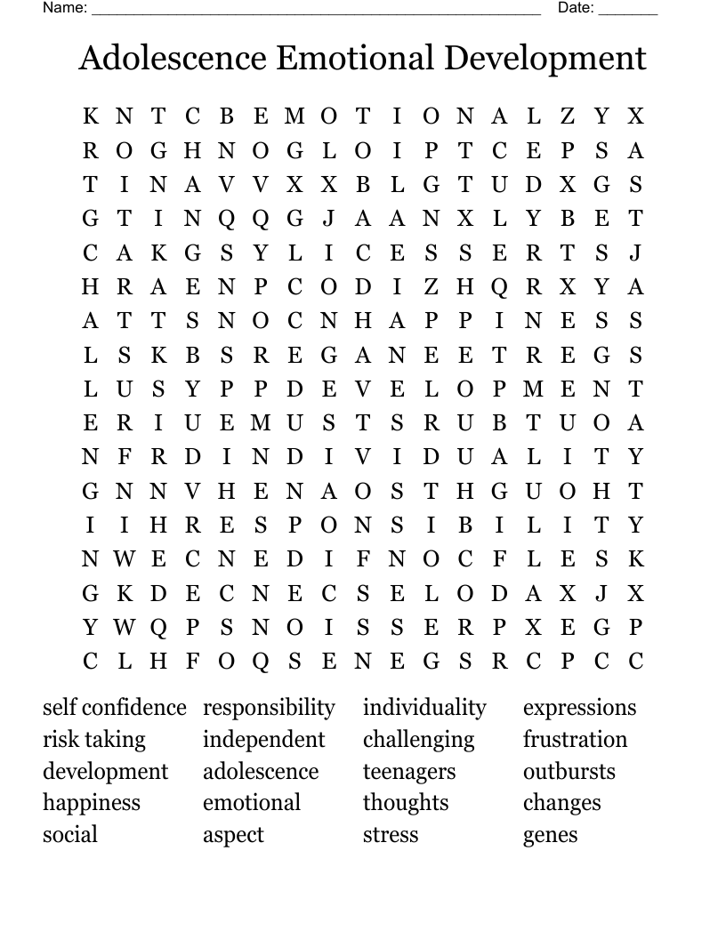 Adolescence Emotional Development  Word Search