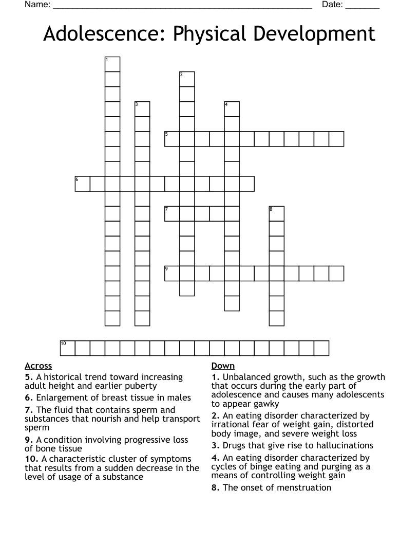 Adolescence: Physical Development Crossword