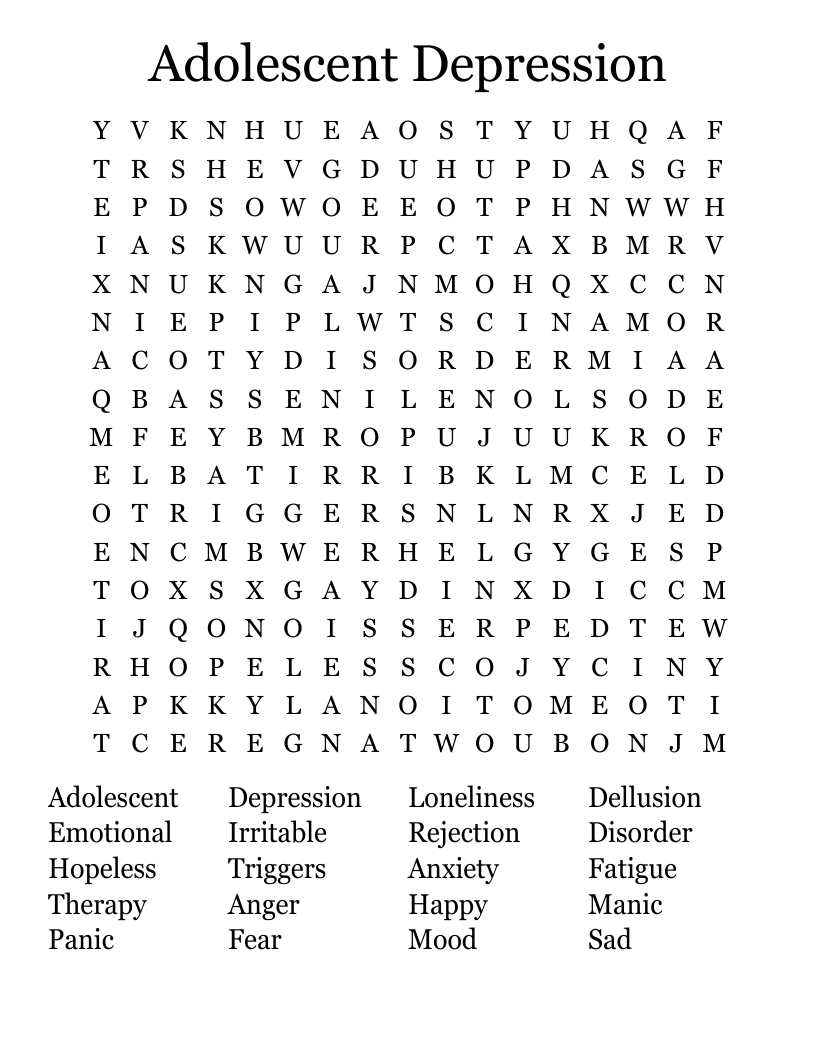 Adolescent Depression Word Search