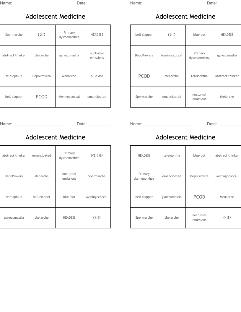 Adolescent Medicine Bingo Cards
