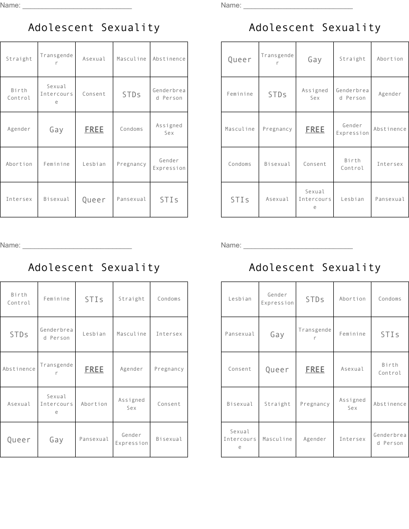 Adolescent Sexuality Bingo Cards