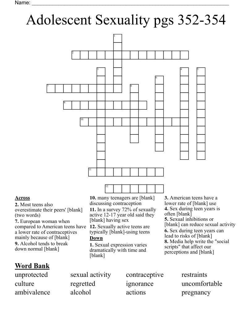Adolescent Sexuality pgs 352-354 Crossword