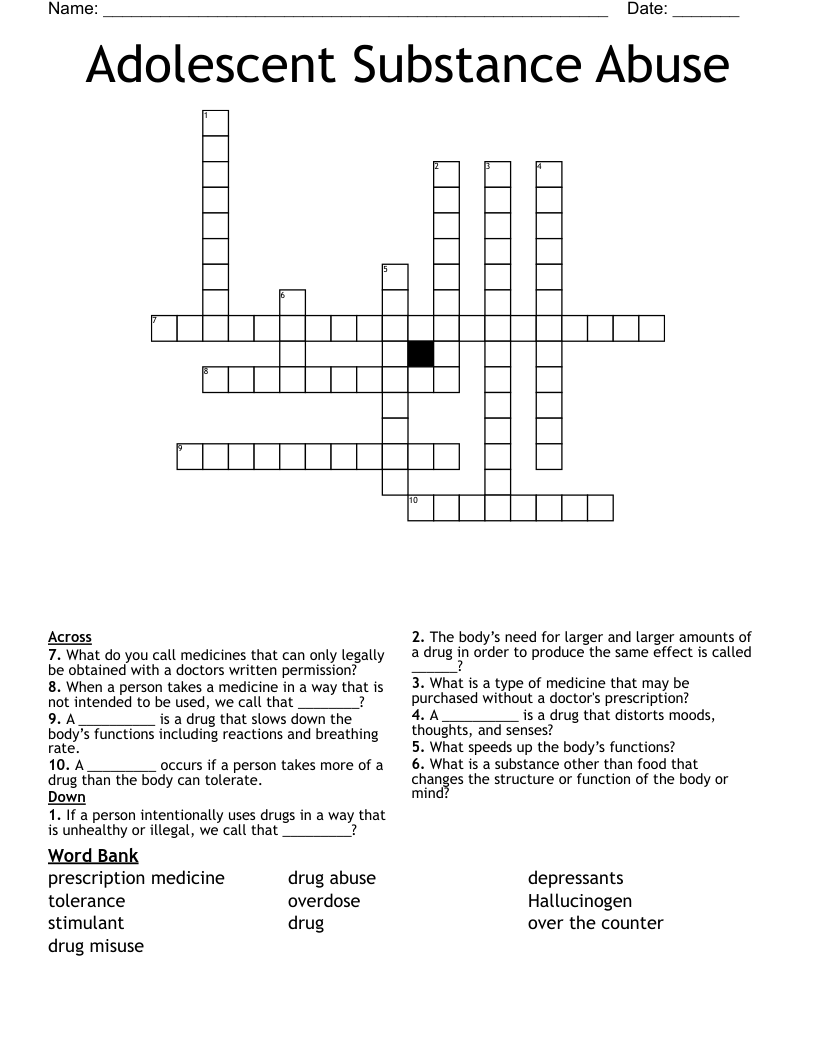 Adolescent Substance Abuse Crossword